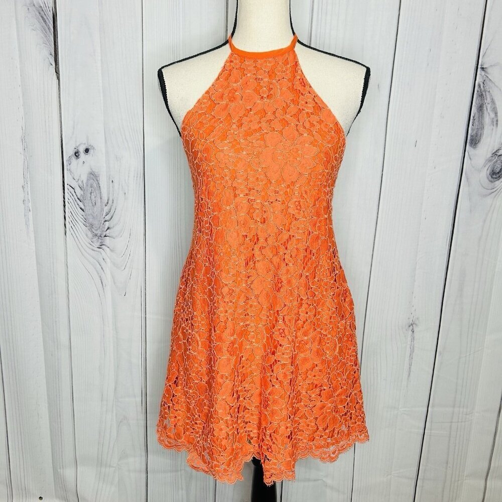 NBD Revolve Lace Overlay Floral Halter Dress Sz S Orange Mini A-Line Ribbon Tie
